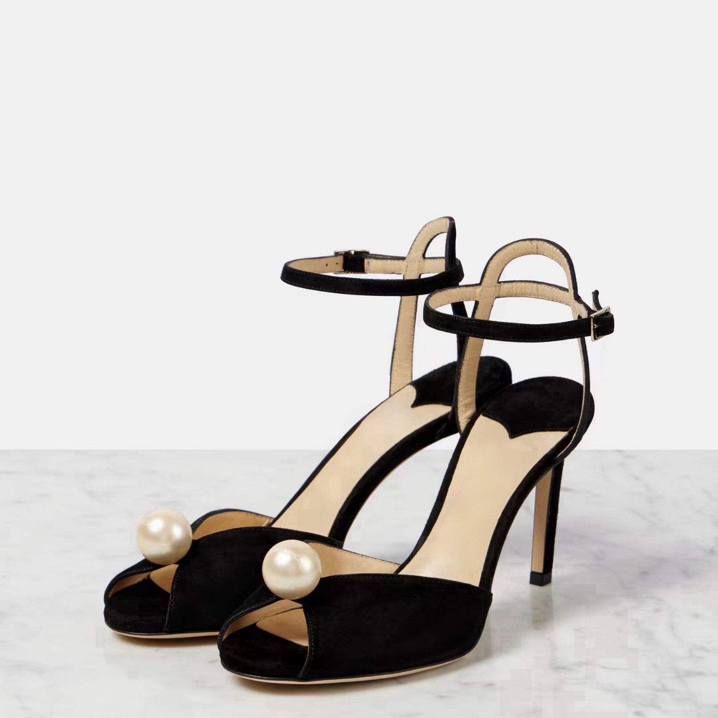 Elegant Lace Peep Toe Stiletto Heels - Pearl Accent Ankle Strap Dress Sandals (Classic Black and Ivory)