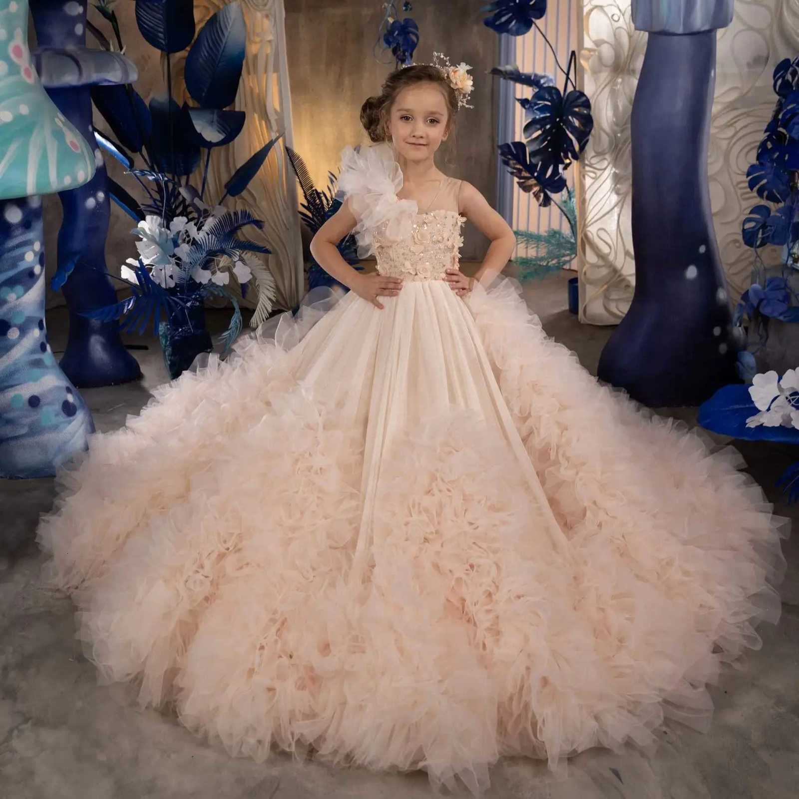 Blush Pink Flower Girl Dress For Wedding Puffy Sequins Applique Tiered Sleeveless Kids Birthday Gowns Luxury Princess Dress Z250716