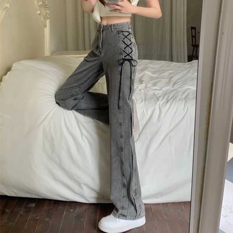 2025 New Korean Side Lace Up Design Pipe Pants Women Stylish Low Rise Gray Denim Full Pants Solid Straight Jeans Female R250716