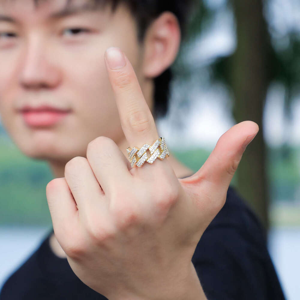 Hip Hop 14mm Shaped Cuban Real Gold Plated Double Row Zircon Ring