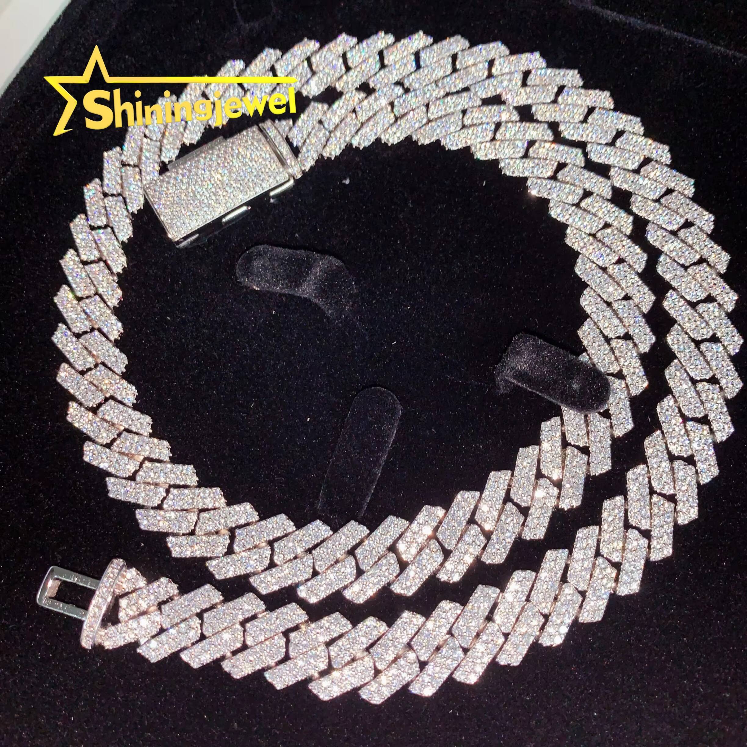 Guangzhou Shining Shiny Guarantee 13mm 2 Row VVS Moissanite Cuban Chain 925 Sterling Silver Gold Plated Hip Hop Cuban Link Chain