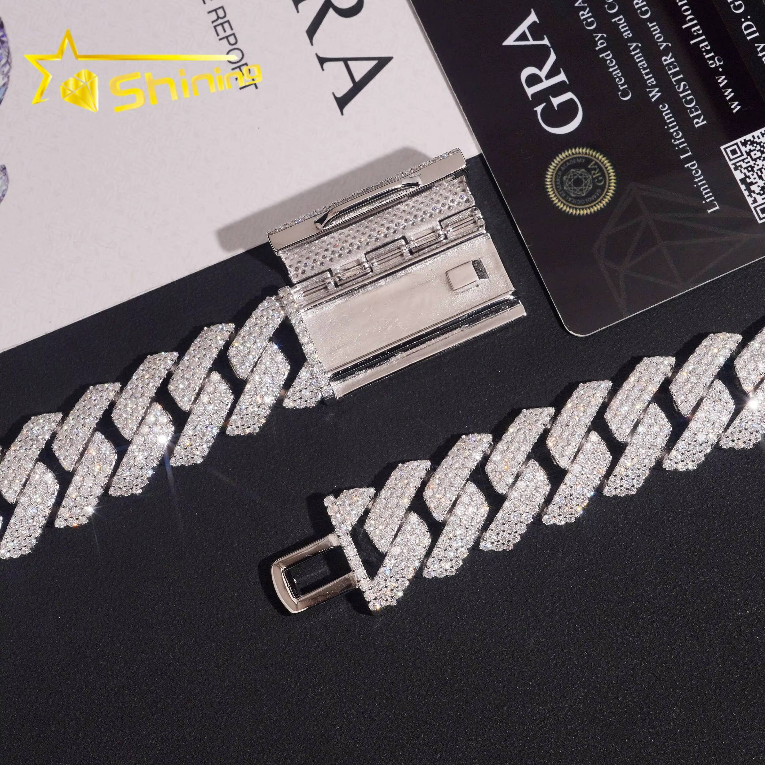 High-end Hip Hop Solid Heavy 20mm Width 3 Rows 925 Silver Iced Out Moissanite Diamond Cuban Link Chain