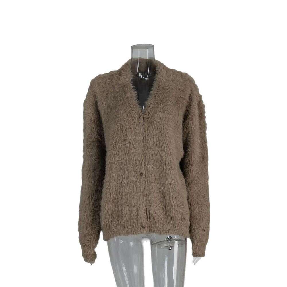 Faux Mink Knit Cardigan Autumn Winter Lazy Loose Long Sleeve V-Neck Sweater Coat For Women B5