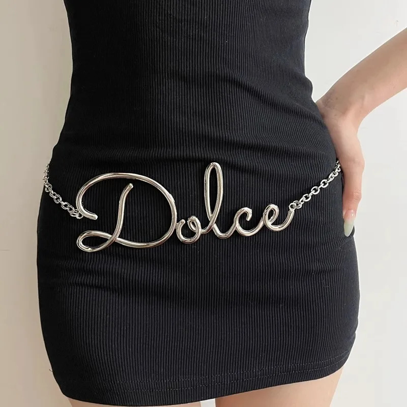 Small Fragrant Style Retro Letter Waist Chain Womens Dress Pants Decorative Metal Chain Belt 250716