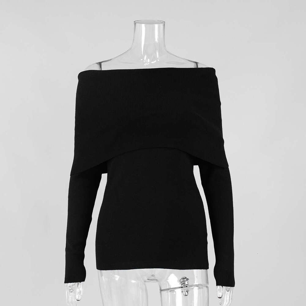 Women's Sweater Autumn Winter Long Sleeve Knitted Base Shirt Off-Shoulder Sexy Slim Fit Top B5