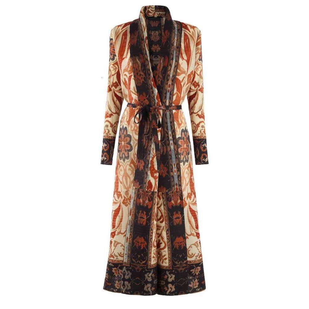 LANMREM Pleated Trench Coat Abaya Style Long Robe Women's Fashion Temperament Printed Versatile Coats With Belt 32Da2703