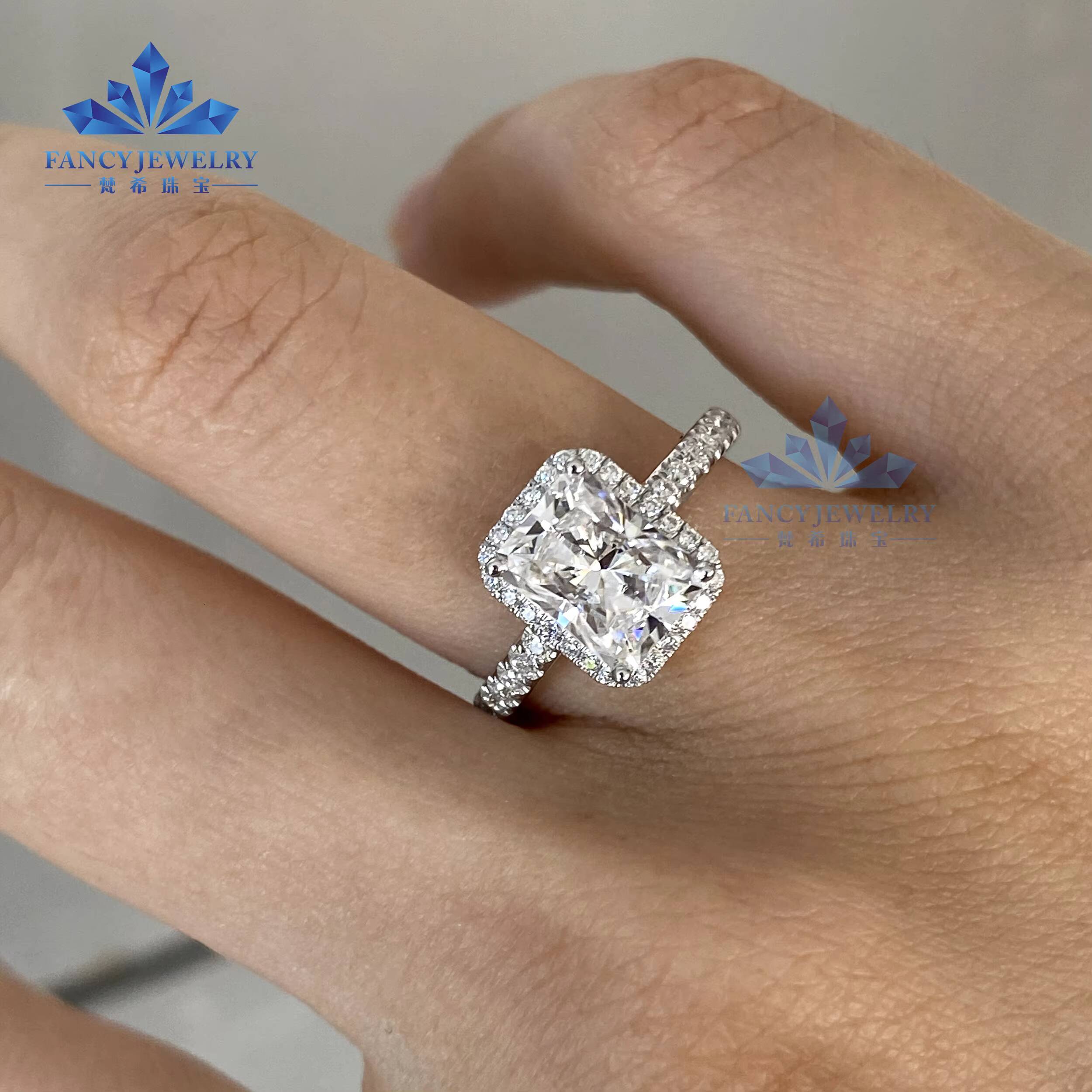 14K 18K Solid White Gold Radiant Moissanite Engagement Halo Rings for Women and Men 2CT Radiant Cut 6x8mm for Anniversaries