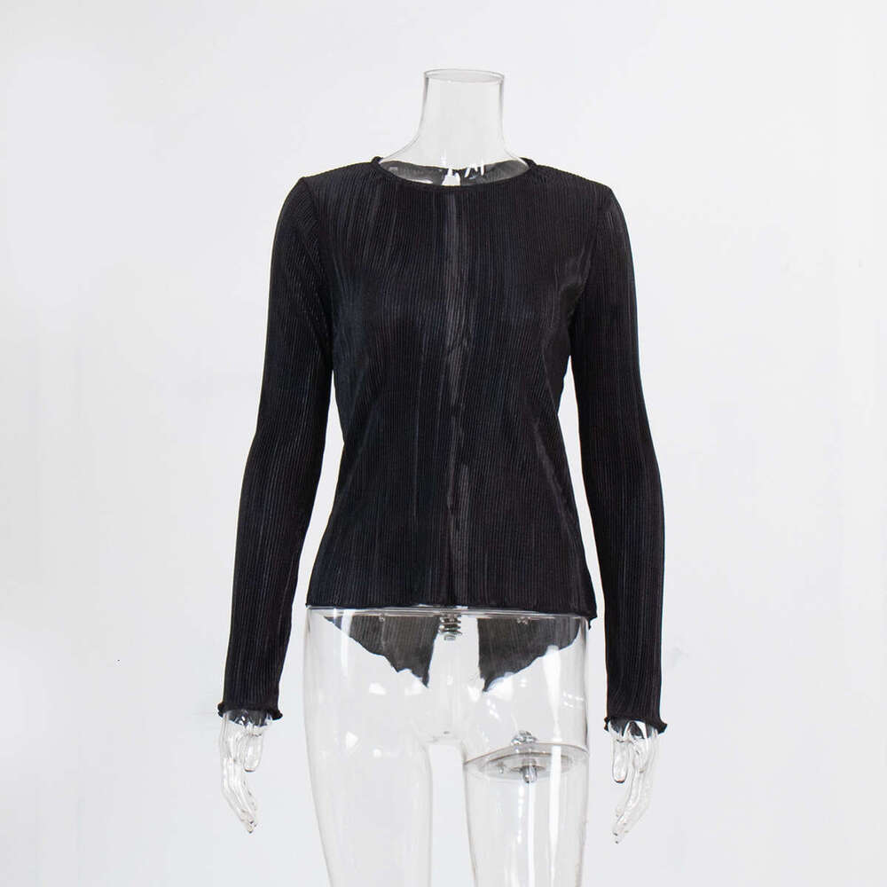 Pleated Blouse For Women Summer Elegant Temperament Slim Fit Bell Sleeve Back Tie Short Shirt B5