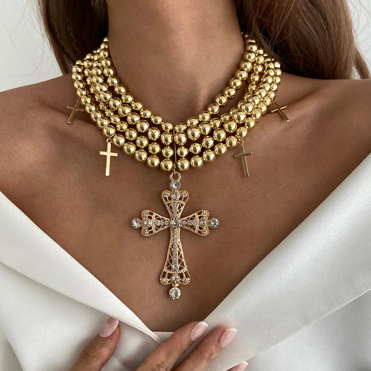 Salircon Exaggerated Inlaid Rhinestone Big Cross Pendant Necklace Women Multilayer Aesthetic CCB Beaded Choker Jewelry 250716