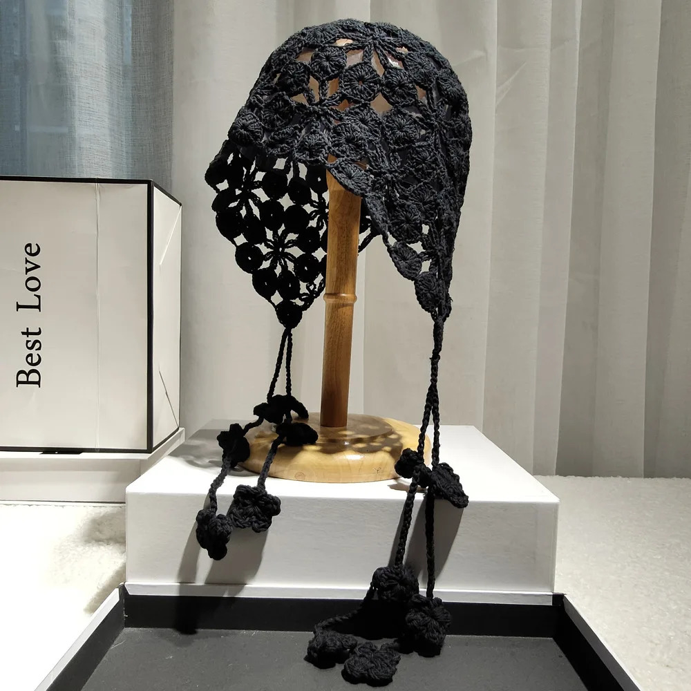 Handmade Hollow Out Crochet Knit Women Beanie Cap with Braid Summer Breathable Flower Berets Casual Pullover Skullies Hat Female 250717