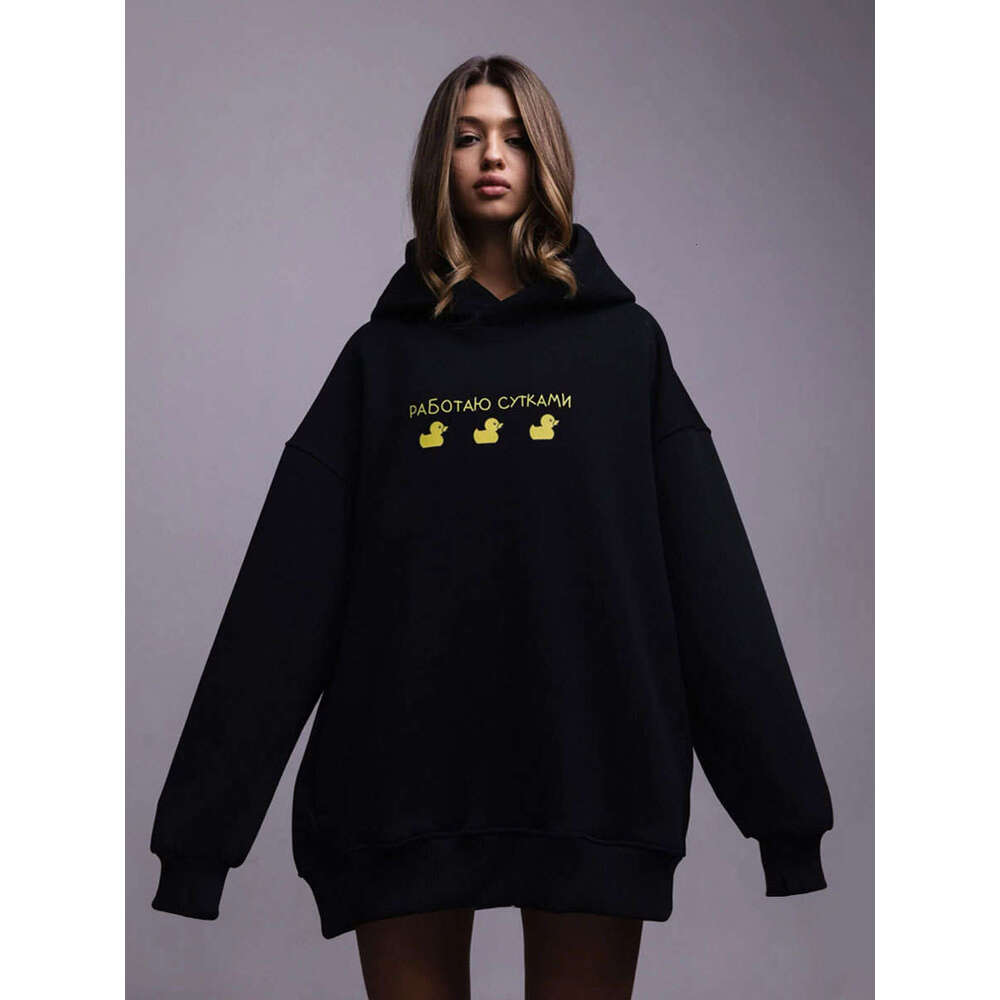Mid-Length Hooded Sweatshirt Autumn Winter Women Three Ducks Print Loose Casual Hoodie B5