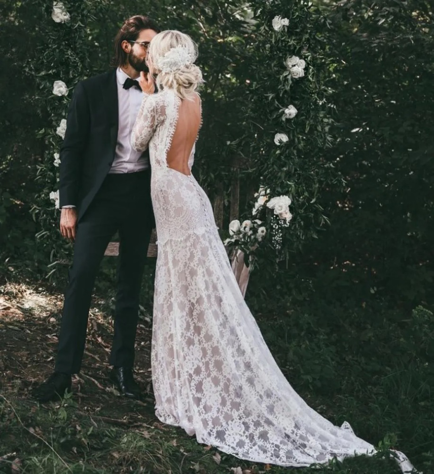 Vintage Full Lace Mermaid Wedding Dresses Long Sleeves HIgh Jewel Neck Backless Sweep Train Wedding Dress Bridal Gowns Vestidos De Noiva