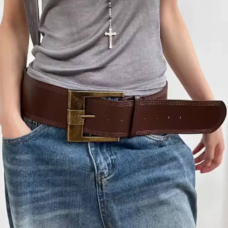 Vintage Wide Belts American Spice Girls Waist Closing PU Leather Girdle Square Antique Copper Buckle Men Women Jeans Accessories 250717