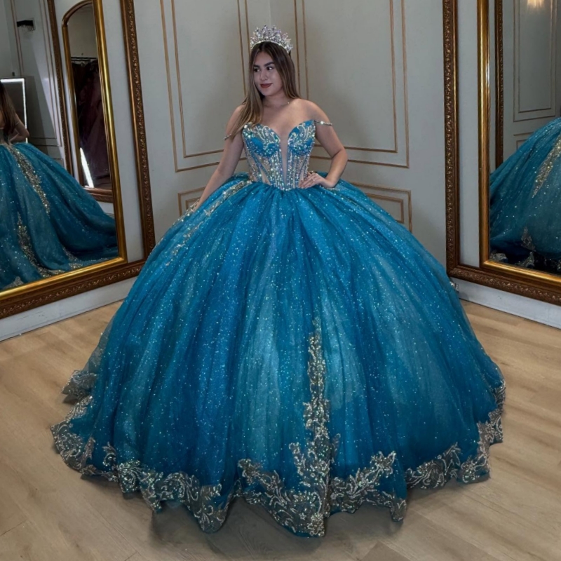 Blue Shiny Quinceanera Dresses Ball Gown Off The Shoulder Applique Lace Beads Tull Corset Party Birthday Sweet 16 Dress Vestidos De 15 Anos