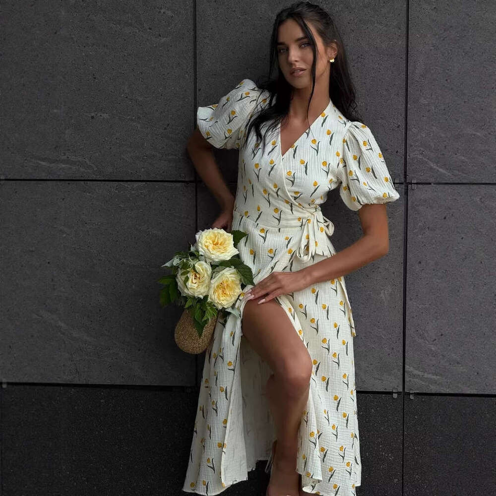 Summer New Women's Cotton Printed With Tie Straps And Puff Sleeves Long Dress B5