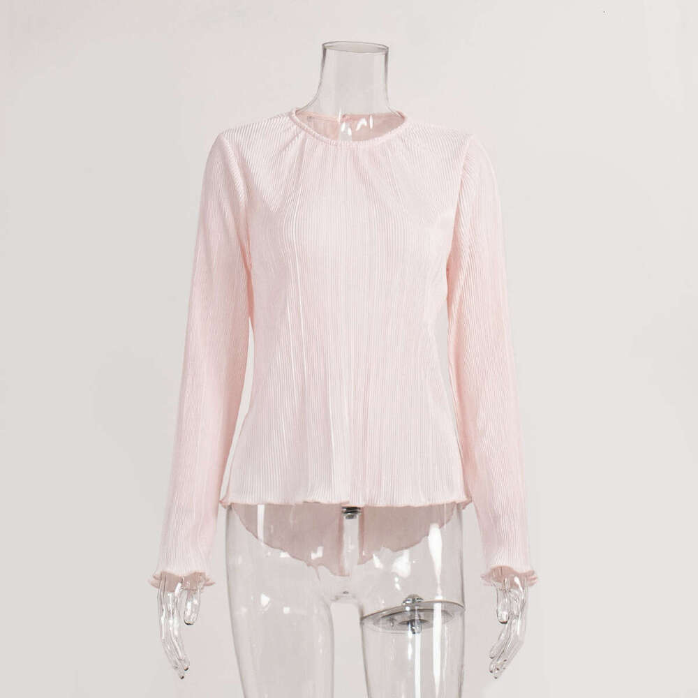 Pleated Blouse For Women Summer Elegant Temperament Slim Fit Bell Sleeve Back Tie Short Shirt B5