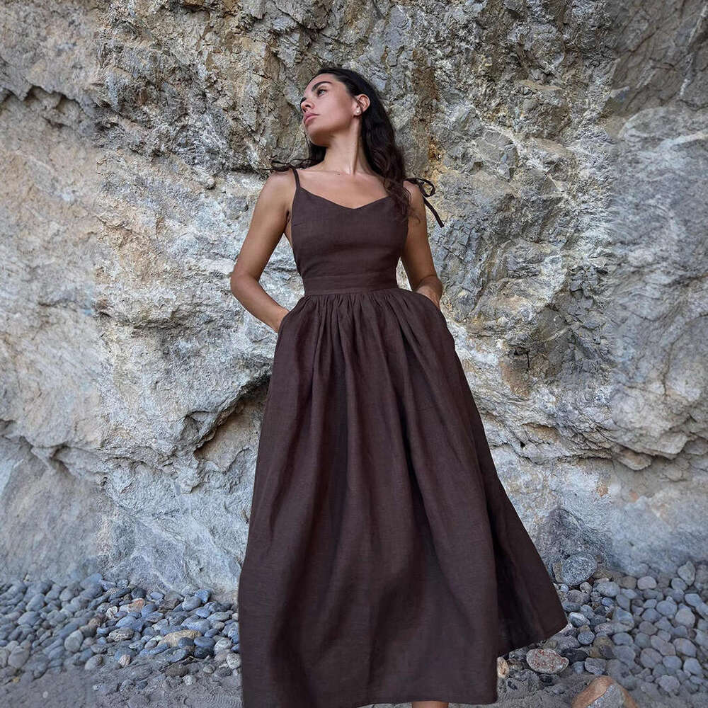Pure Cotton V-Neck Strap For Women Spring New Elegant Sexy Tie Backless Dress B5