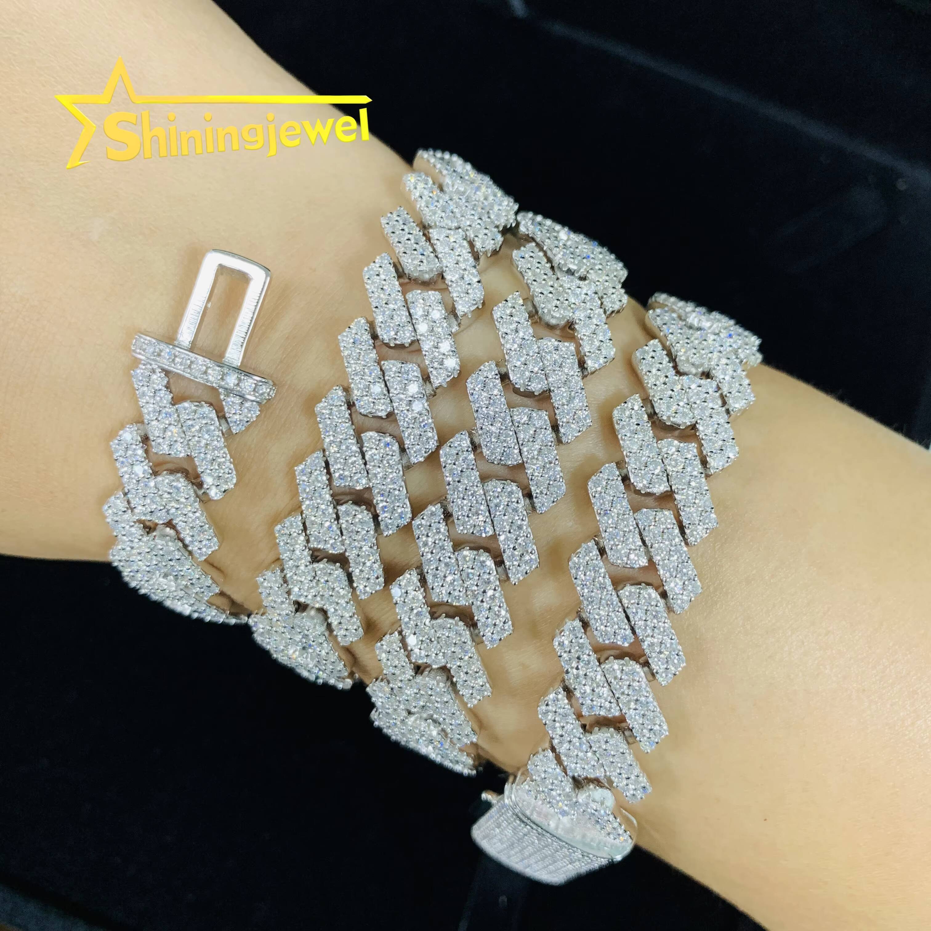 Guangzhou Shining Shiny Guarantee 13mm 2 Row VVS Moissanite Cuban Chain 925 Sterling Silver Gold Plated Hip Hop Cuban Link Chain