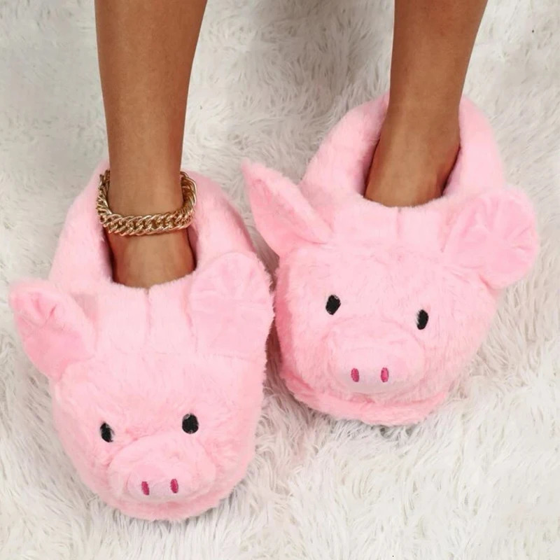 Cute Pig Winter Women Slipper Heel Cover Warm Slippers Soft Fur Indoor Comfortable Fluffy Home Slides Girls Cartoon Footwear 250716