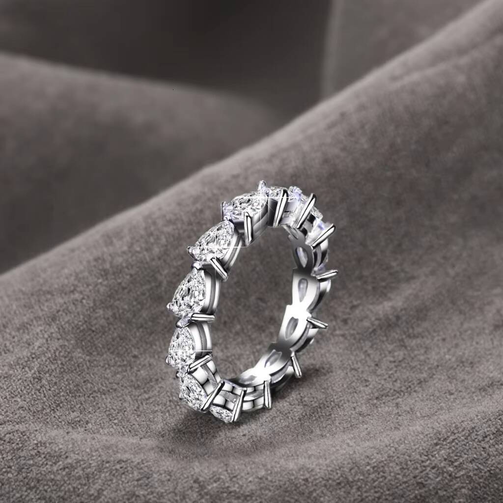 925 Sterling Silver Engagement Ring Pear Cut Jewelry Women Tear Rop Pear Moissanite Eternity Ring