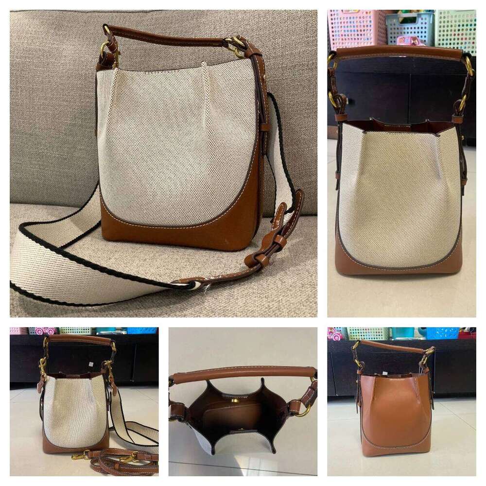 Fashion Panelled Canvas Bucket Bag Designer Women Handbags Pu Leather Shoulder Crossbody Bags With Wide Strap Tote Purses