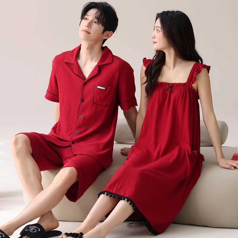 Pajamas Lovers Festive Red Color Fashion Men Short Sleeve Shorts Cardigan Pajamas Sets Summer Sling Nightgowns For Young Female W250717