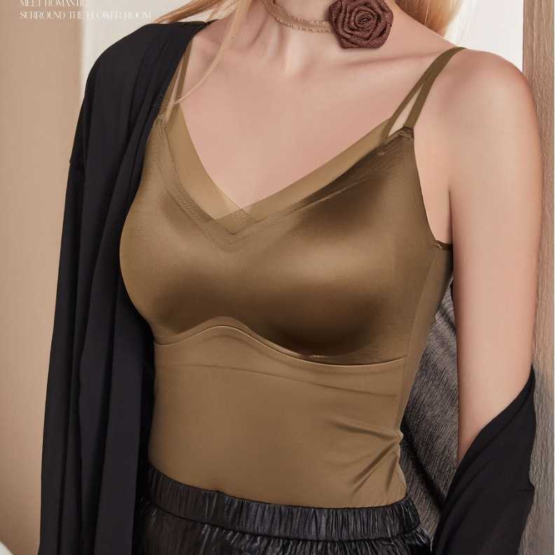 Authentic 5603 Live Traceless Satin Silk Care Outer Wear with Built-in Bra Pads No Needed Camisole Vest