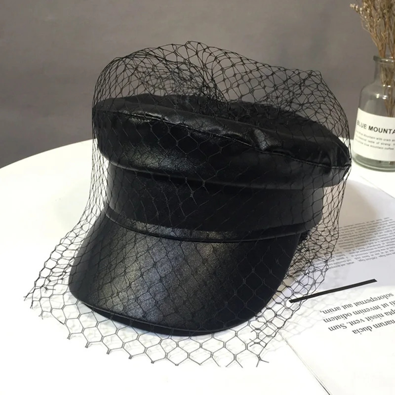 Spring and summer black PU lace veil sboy caps Fmale Flat top black Mesh letter multiple styles fashion hats 250716