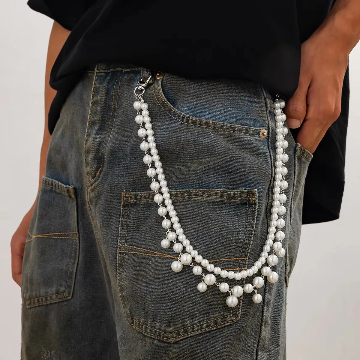 IngeSight.Z Men Hip Hop Multilayer Pearl Jeans Pants Keychain Chain Women Trousers Hipster Pant Chain Party Decoration 250717
