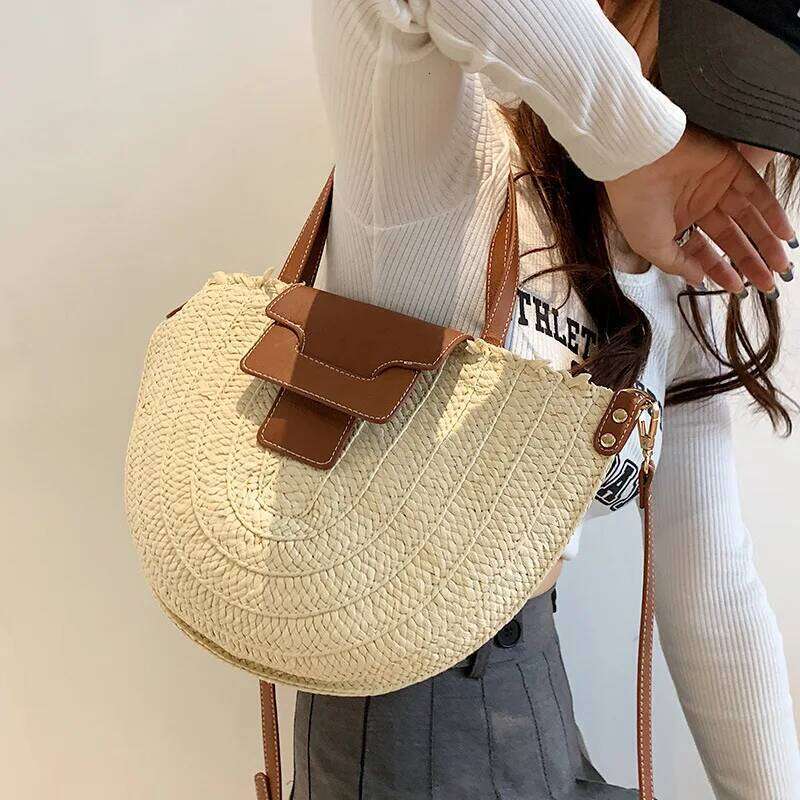 Women Summer Straw Bag Woven Beach Shoulder Bags Casual Designer Saddle Shopper Totes Female Large Capacity Travel Handbag Bolsa