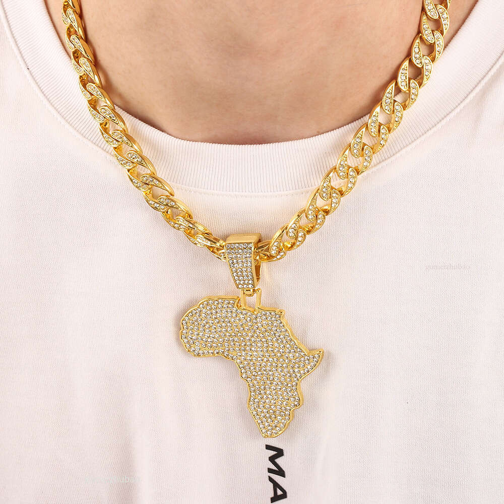 High designer necklaceIced Out Big African Map Pendant Necklaces Men's Hip Hop Gold Color Cuban Link Chain Necklace Men Male Gemstone Miami Rappe