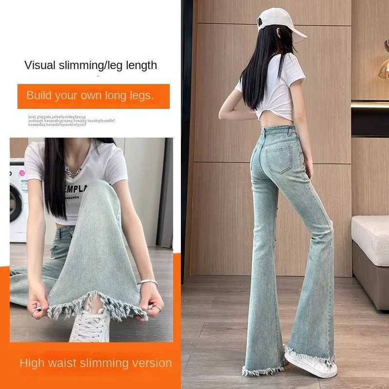 2025 New Womens Ripped Frayed Jeans Spring and Autumn High Waist Slim Slimming Horseshoe Flared Pants R250716