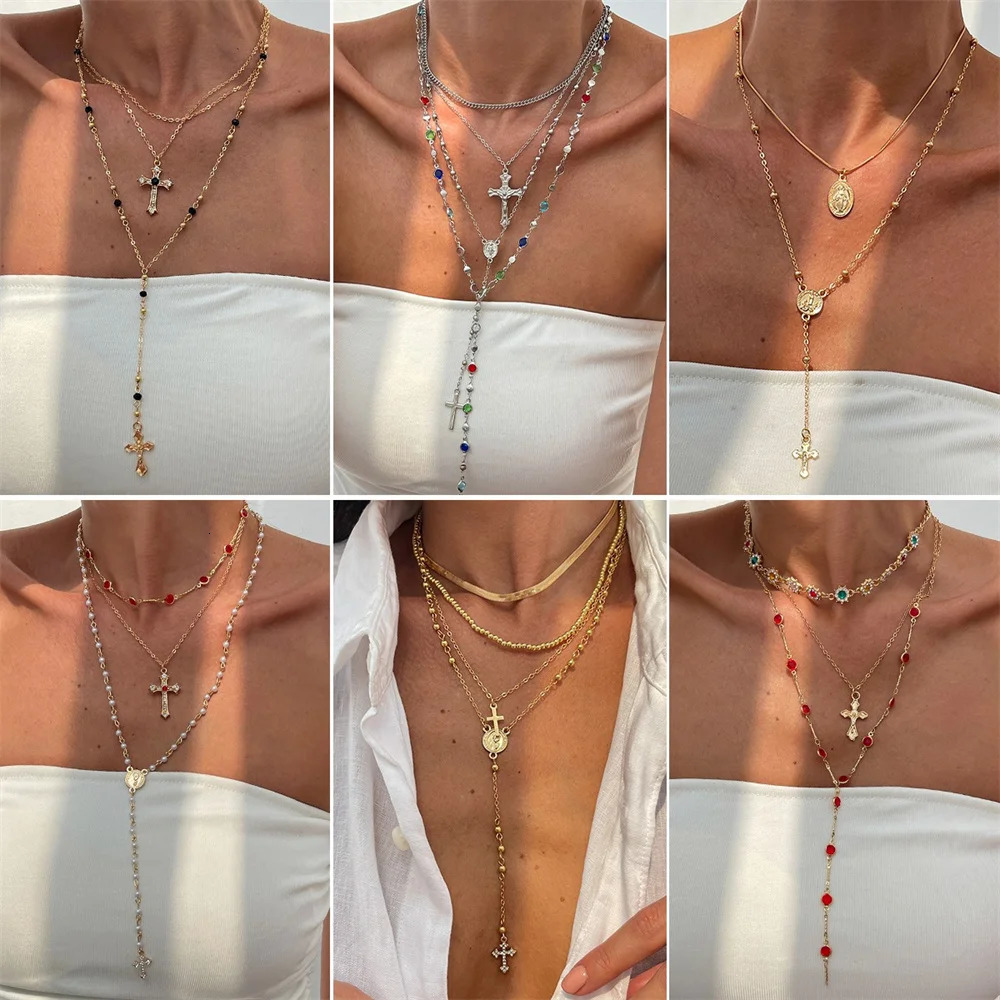 3Pcs Unique Cross Pendant Necklace Set for Women Simple Crystal Necklace Sweater Chain Long Y-shaped Necklace Y2K Party Jewelry 250715