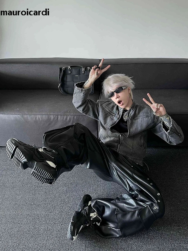 Mauroicardi Spring Autumn Long Loose Casual Black Shiny Pu Leather Pants Men Rivet Wide Leg Trousers Punk Style Streetwear 2024 250704