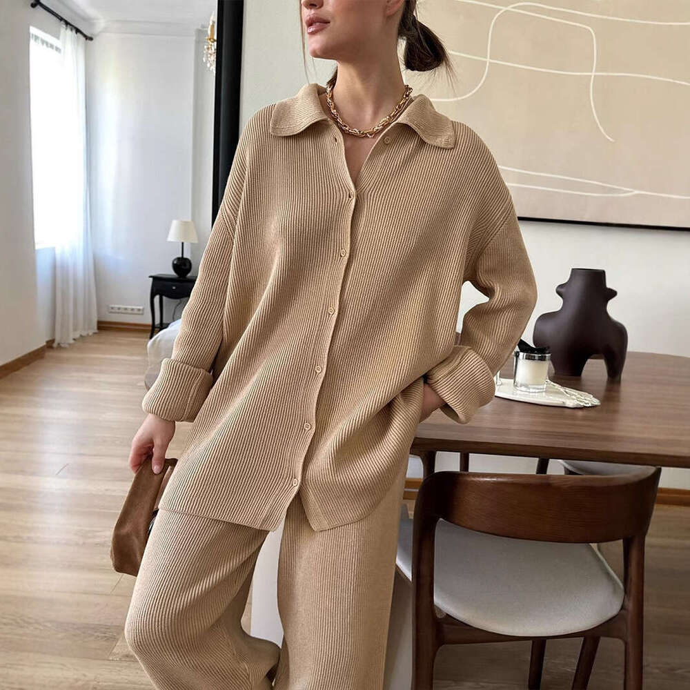 Turn-Down Collar Long Sleeve Knitted Autumn Winter New Style Elegant Loose Commuting Ribbed Sweater Suit B5