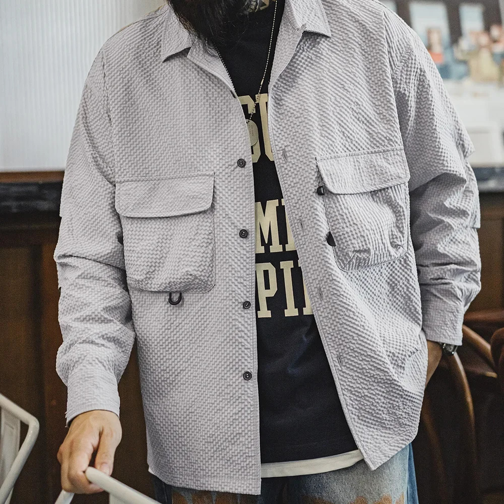 Maden Outdoor Cuban Collar Seersucker Longsleeved Shirt Noiron Antiwrinkle with Pocket n Thin Solid Color for Men 250717