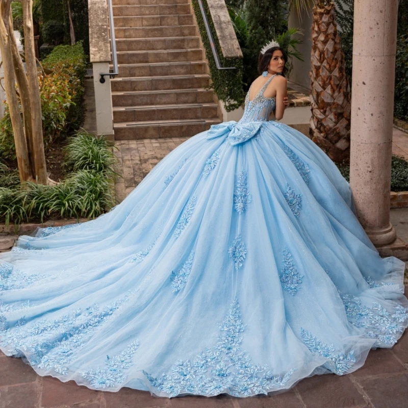Sky Blue Shiny Off The Shoulder Ball Gown Quinceanera Dresses Appliques Flower Beading Crystal Bow Tull Sweet 16 Dress vestidos 15 De Anos