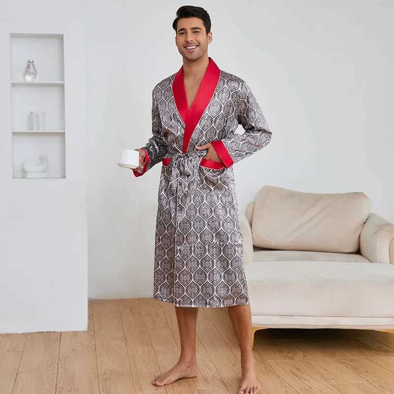 Men Stripe Print Kimono Robe Sleepwear Loose Casual Satin Homewear Bathrobe Gown with Belt Loungewear Spring Summer Nightwear W250717