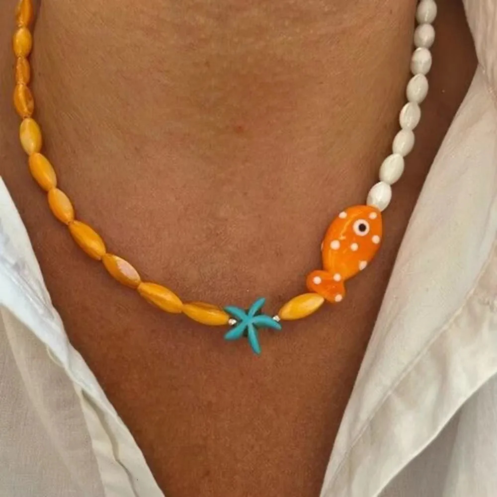 Cute Orange Ceramic Fish Necklace for Her Romantic Small Fish Starfish Necklace Summer Beach Jewelry for Gift 250715