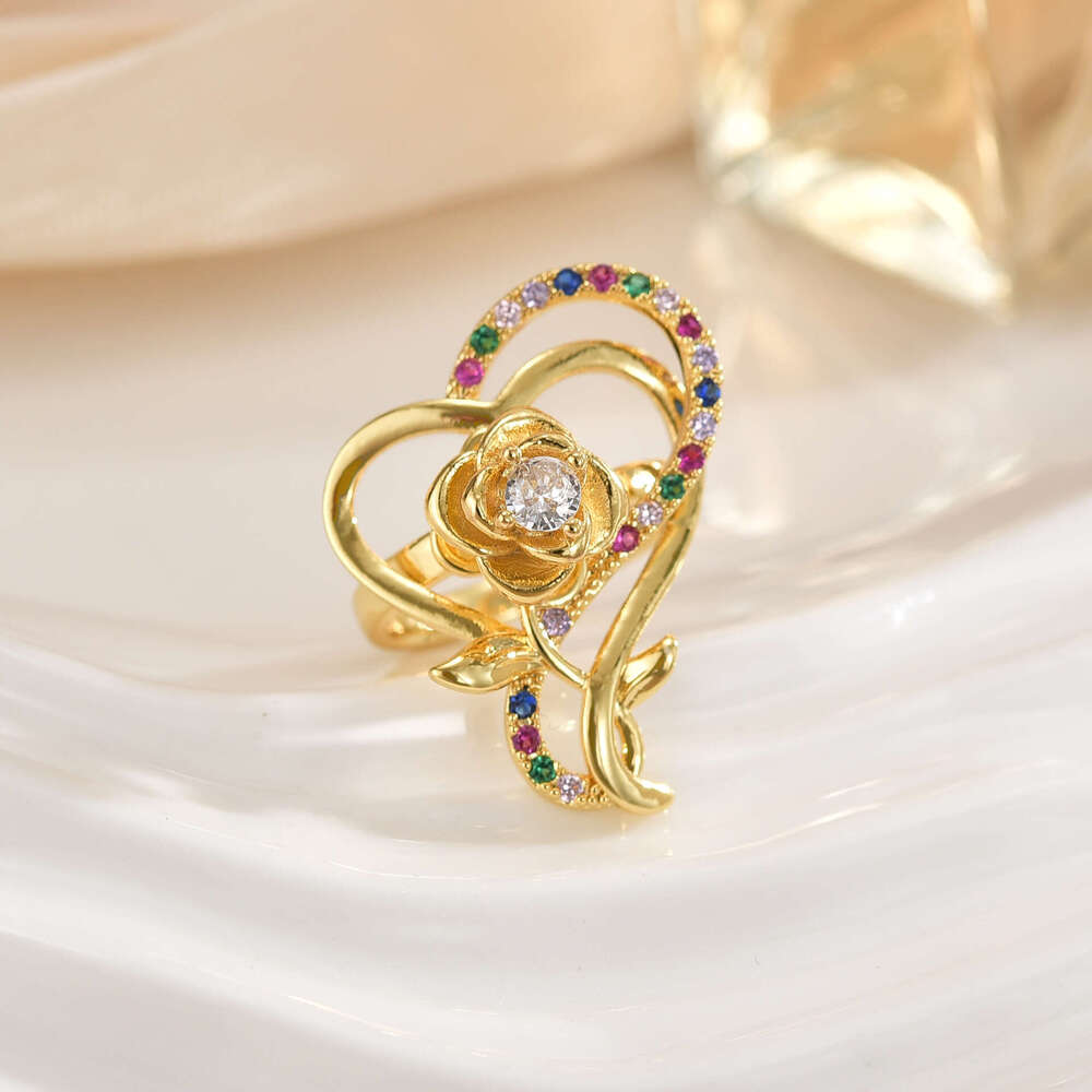 Real Gold Color Retention Lucky Clover Korean Style Inlaid Diamond Fortune Rotating Fashion Adjustable Open Ring D53