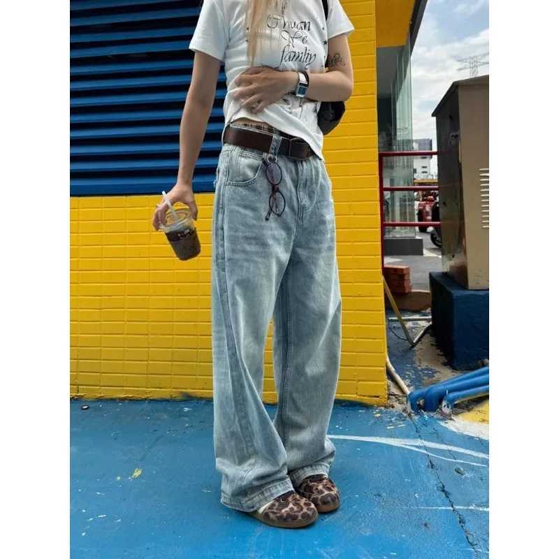 Wash Retro Light Blue Neutral Denim Trousers Womens Summer Cool Girl Pants Vintage Bottoms Female High Waist Wide-leg Jeans R250716