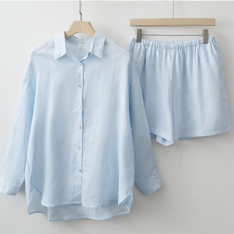 Women 2025 Summer Casual Linen Blouse Shorts Sets 250714