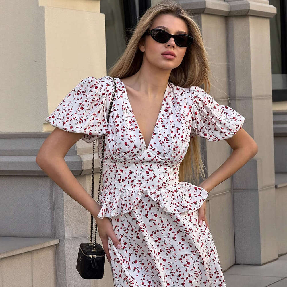 Floral V-Neck New Summer Printed Waist-Cinching Long Puff Sleeve Dress For Women B5