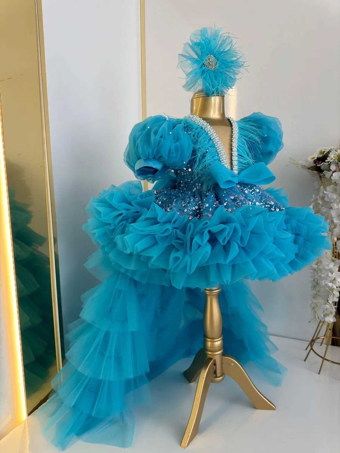 Dusty Pink Birthday Princess Feather Tulle Pageant Dress Glitter Flower Girl Dress Party Bow Formal Prom Gowns with Long Train Z250716