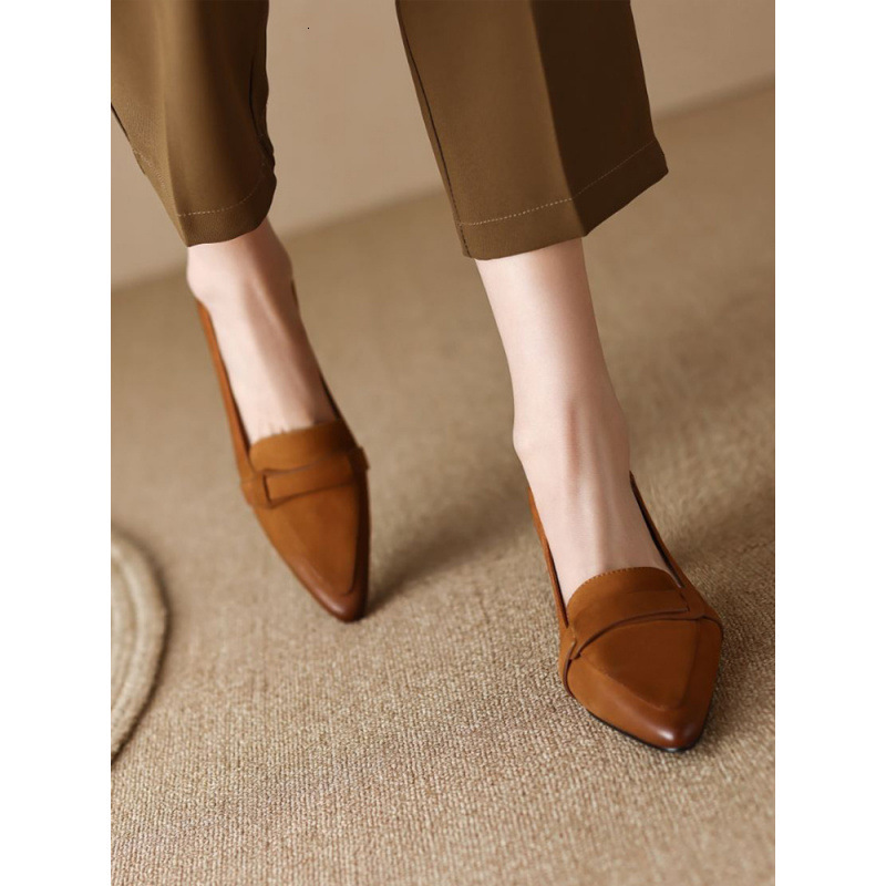 Cowhide Handmade Women's 2023 New Genuine Leather Loafers Pointed Toe French Style Mid Chunky Heel Single Shoes for Women Summer ddmysaturn