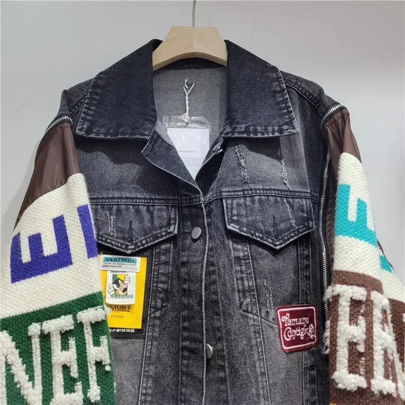Alphabet badge denim coat knitted spliced sleeves sweater fringed jeans jacket street wear wool sweater 250717
