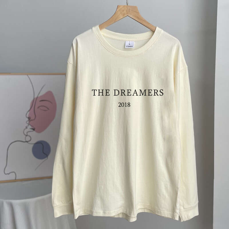 Ins Simple Style American Print Round Neck T-Shirt For Women, Pure Cotton Long Sleeve With Ribbed Cuffs, Loose Top, New B5