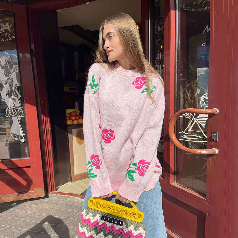 Autumn Winter New Women's Versatile Loose Colorful Rose Round Neck Sweater B5
