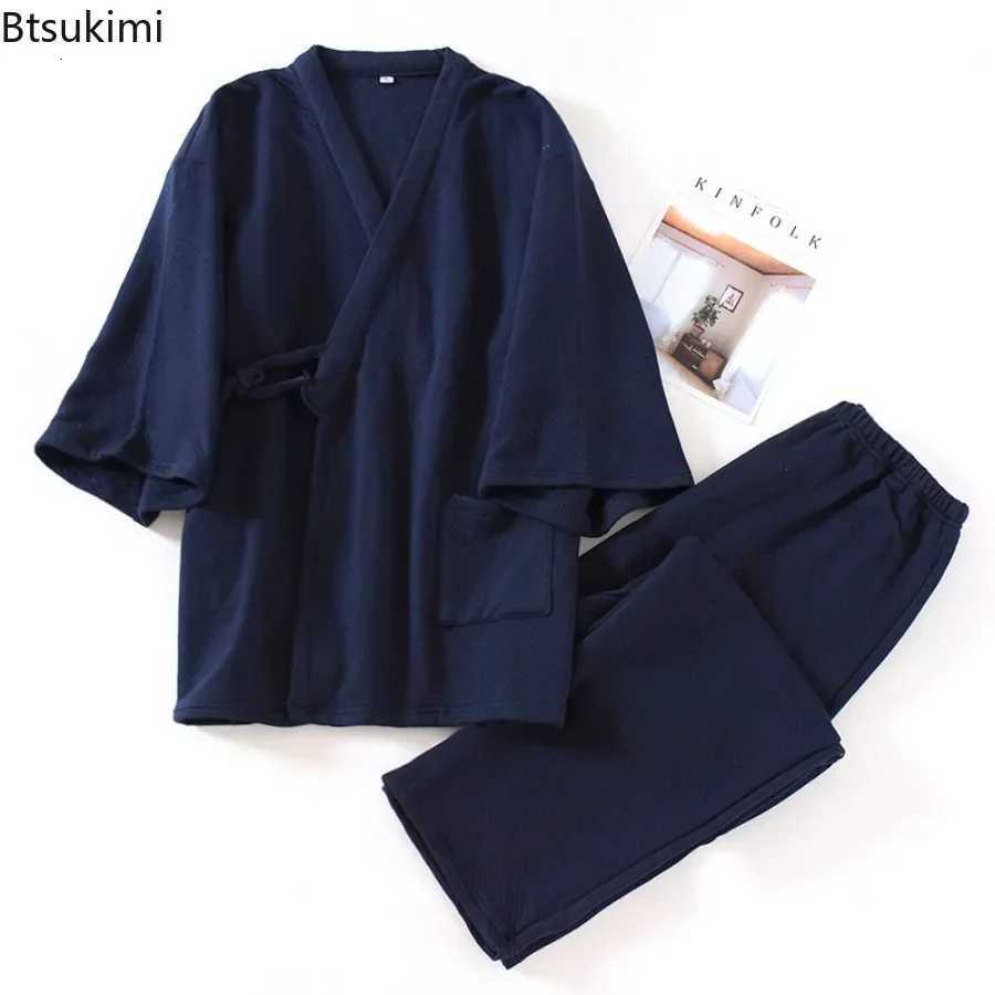Mens Autumn Winter Pajama Sets Japanese Style Kimono Sleepwear Two-Piece 100% Cotton Air Layer Thick Warm Home Clothes Suit W250717