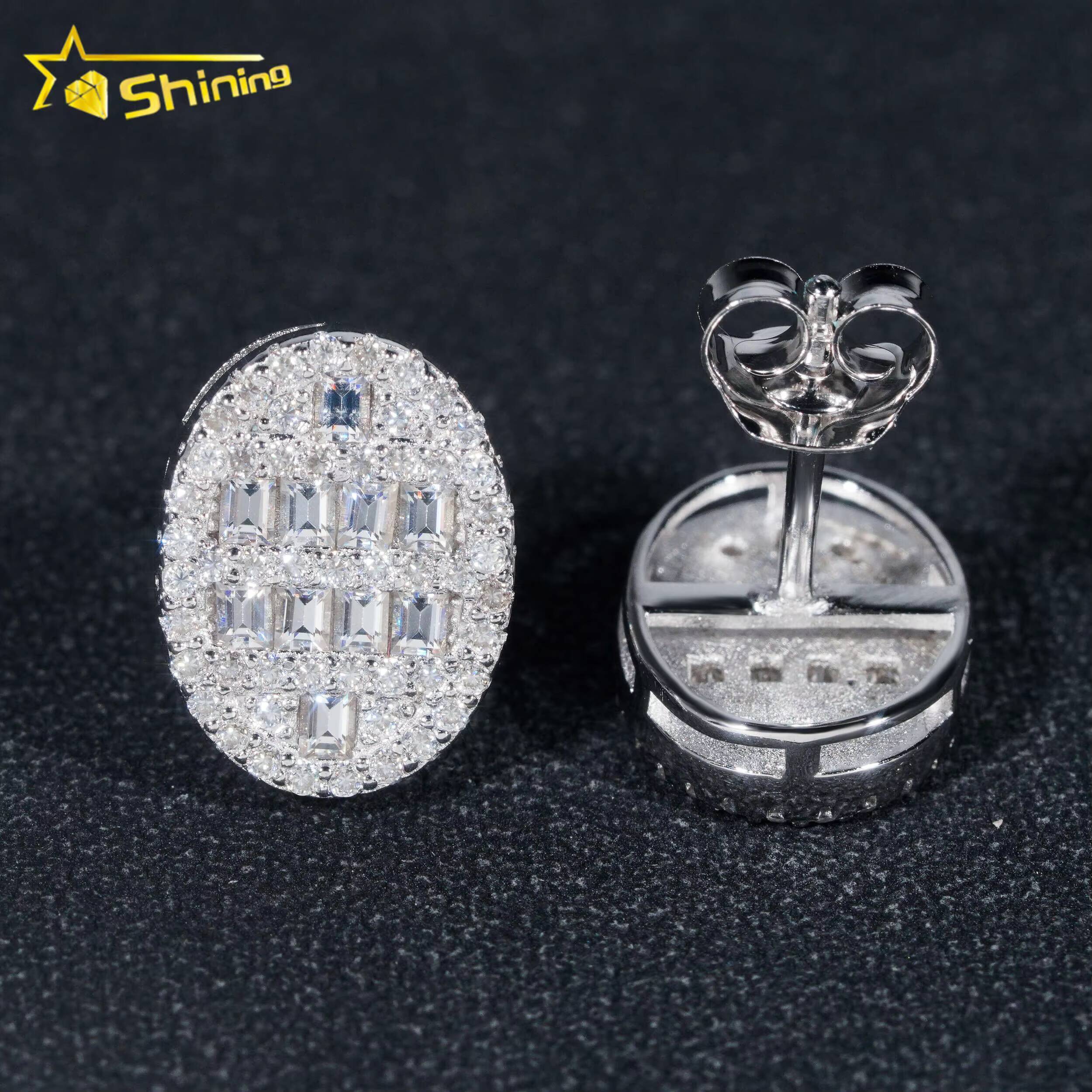 Pass Diamond Tester GRA Certified VVS Diamond 925 Sterling Silver Oval Baguette Moissanite Stud Earrings Men Earring